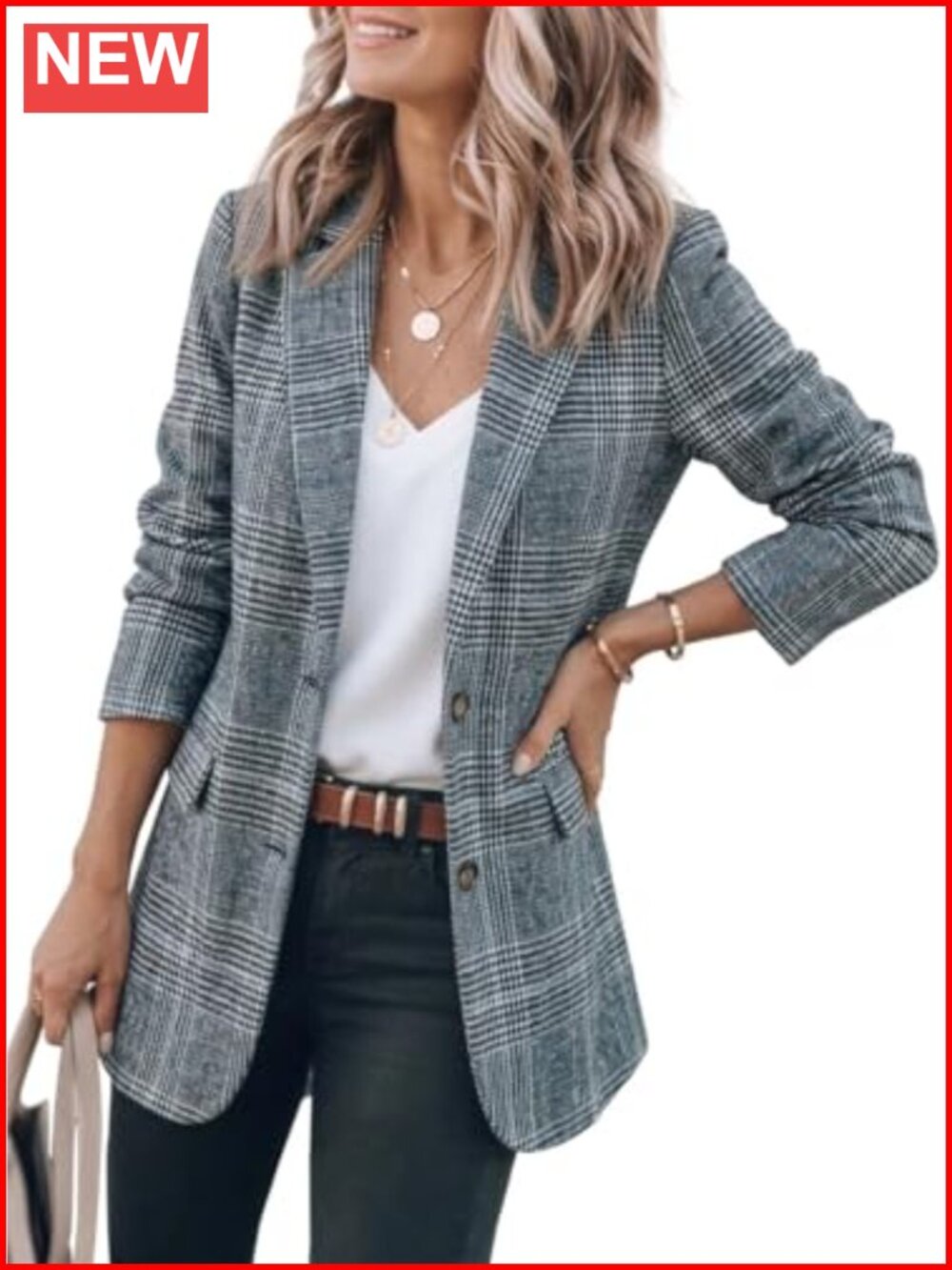 Tweed Plaid Blazer Houndstooth Work Suit Jacket